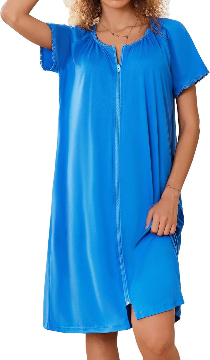 Ekouaer Zipper Robes for Women Short Sleeves Knit Bathrobes Knee Length Soft Lace Trim Loungewear with Pockets S-3XL