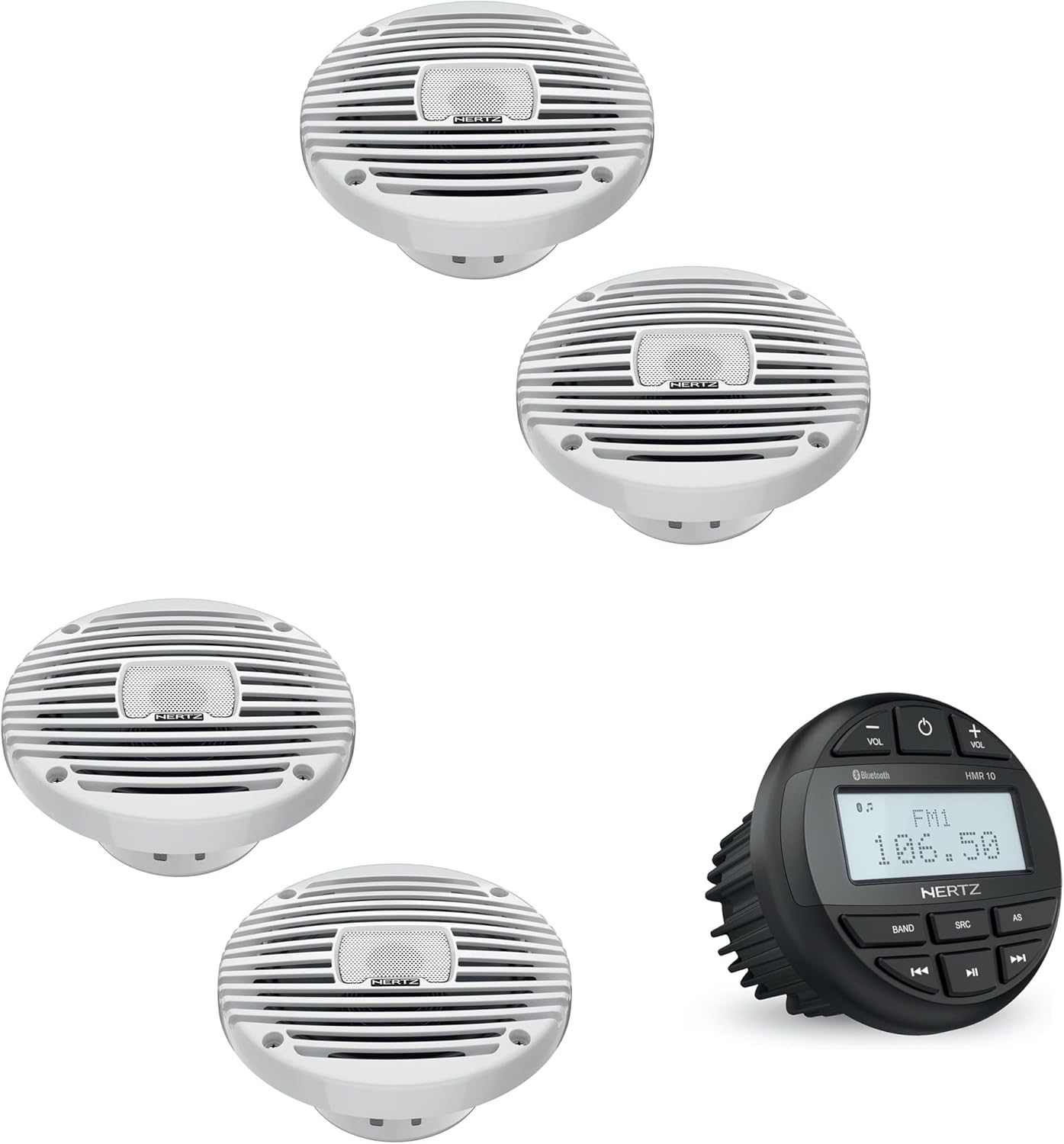 Hertz Marine Audio Bundle HMR-10 Bluetooth AM/FM Receiver + 4X 6.5 Marine Speakers TW White Grilles