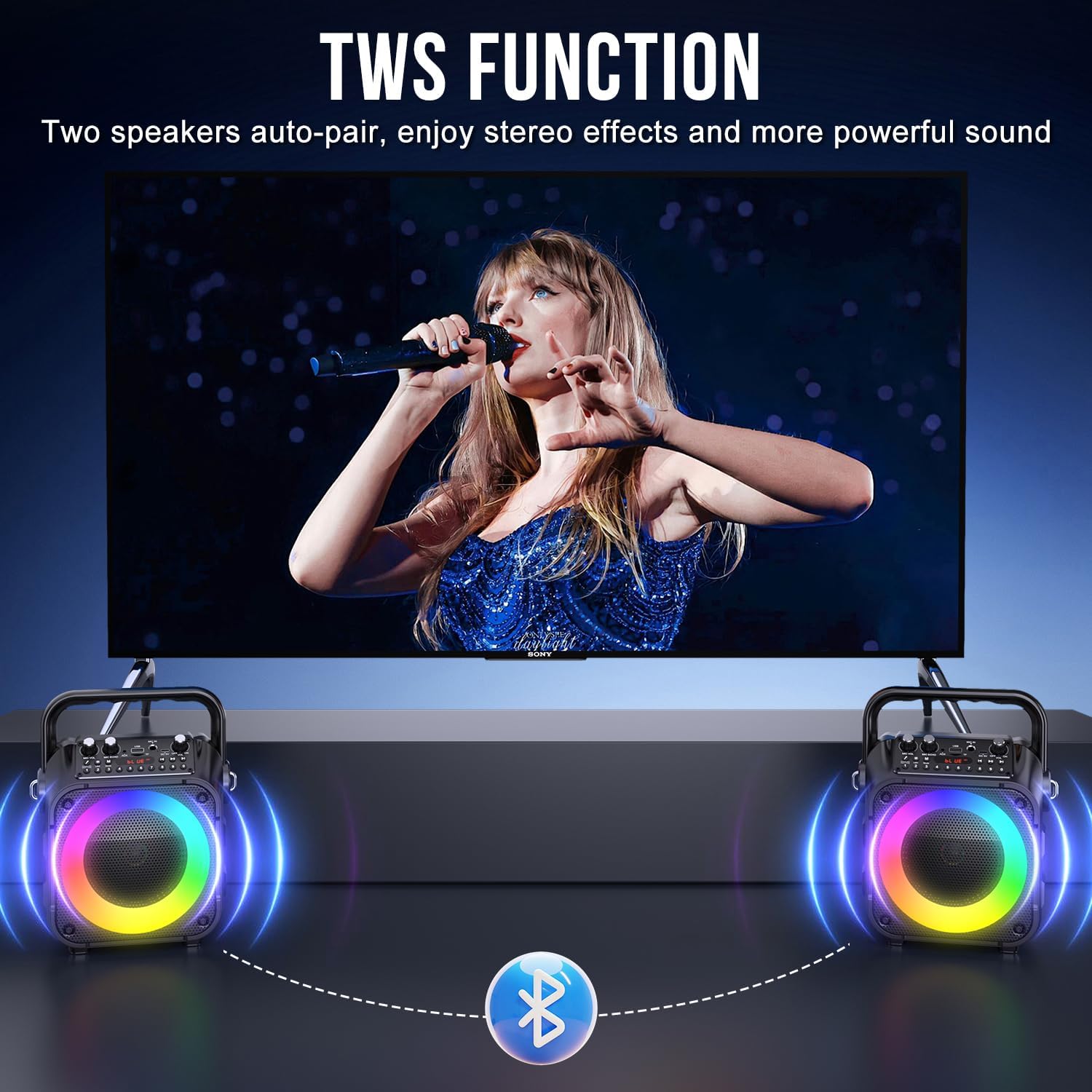 Karaoke Machine, Portable Bluetooth Speaker with 2 Wireless Mics for Adults & Kids with LED Lights, Bass/Treble Adjustment, PA System Supports USB/TF/FM/AUX/TWS for Party Home System Packages - Image 7