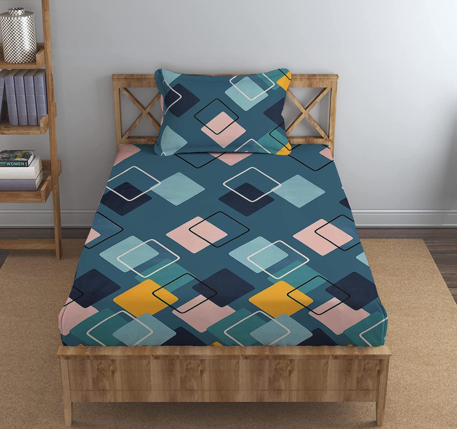 DECOMIZER Cotton Feel All Around Elastic Fitted Glace Printed Single Bed Bedsheet with 1 Large Pillow Cover Fits Upto Mattress of 6 Inches,Size - 42 x 75 x 8 Inches, French Navy Square