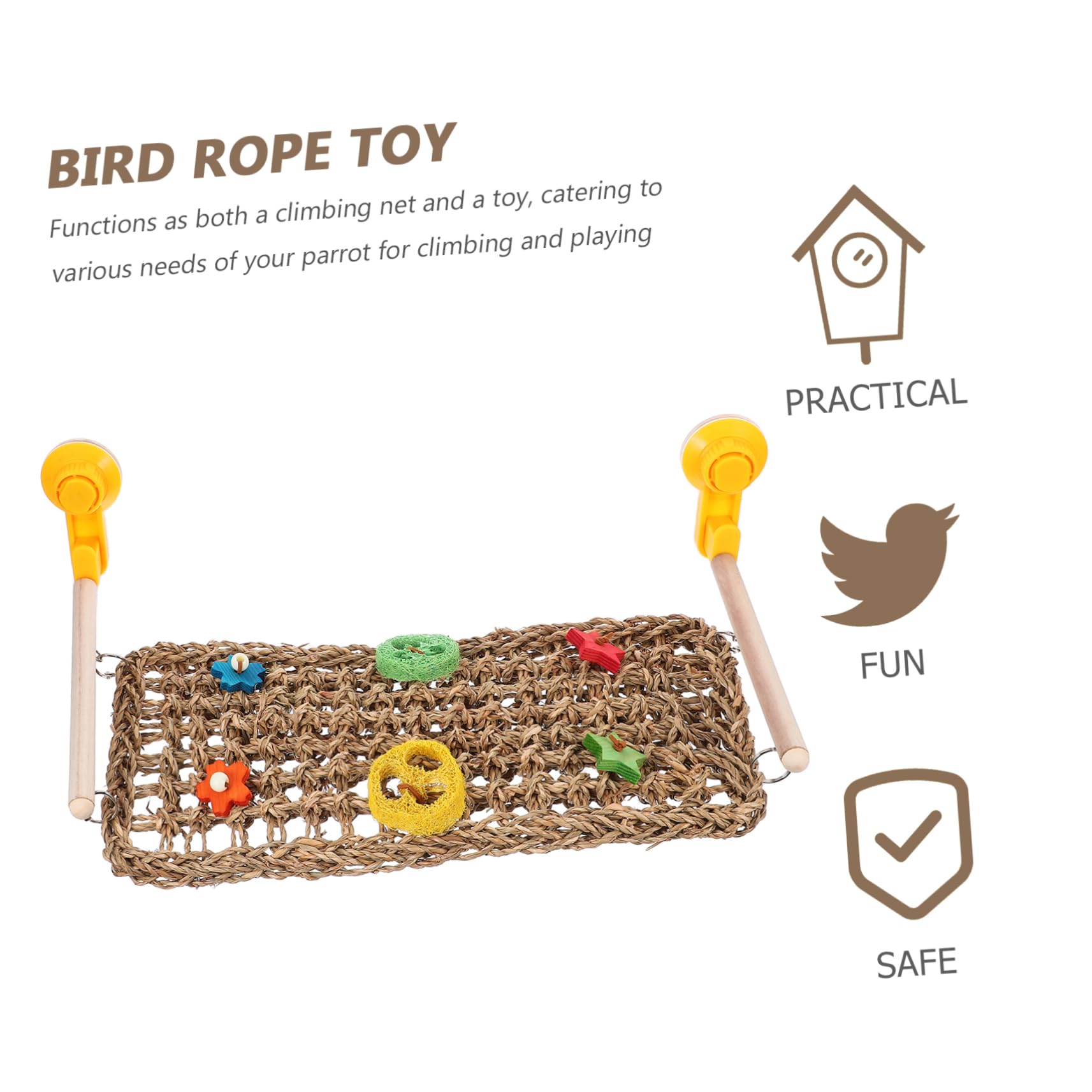Papageien Hängematte Gewebtes Kletternetz für Vogelkäfig, Holz Gras | Kletternetz für Papageien und Wellensittiche, Saugnapf für Autoscheibe, Zubehör und Gras