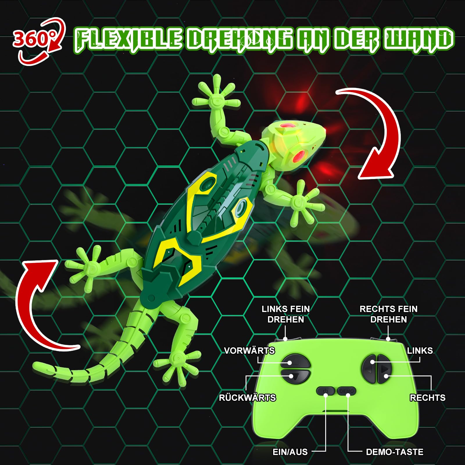 Charmofun Gecko Wandflitzer, Ferngesteuerter Gecko an der Wand Spielzeug, Mit Leuchtenden Led-Augen, Realistische Bewegungen, Interaktives Roboter Spielzeug für Kinder ab 3 Jahren (Grün)