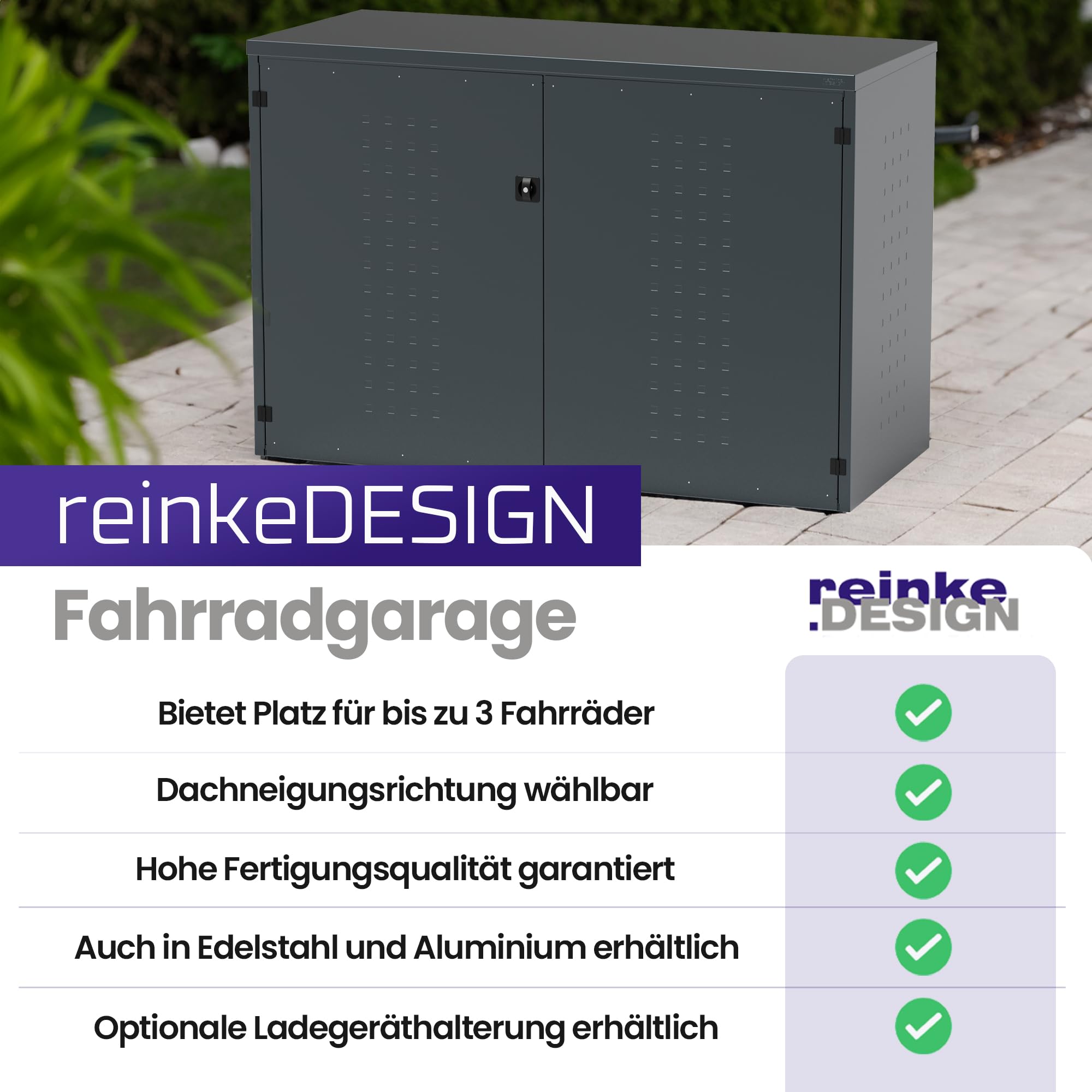 Fahrradgarage für 2–3 Fahrräder oder E-Bikes | Pultdach | Stahl verzinkt Anthrazit | Made in Germany