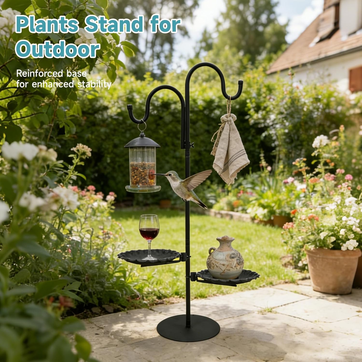 Upgraded 74" Shepherd's Hook Stand Plant，Bird Feeder，Wind Chime Hanger Stand, Waterproof Metal & Adjustable-Height Standing Pole Holder for Lantern and Wreath, Indoor & Outdoor