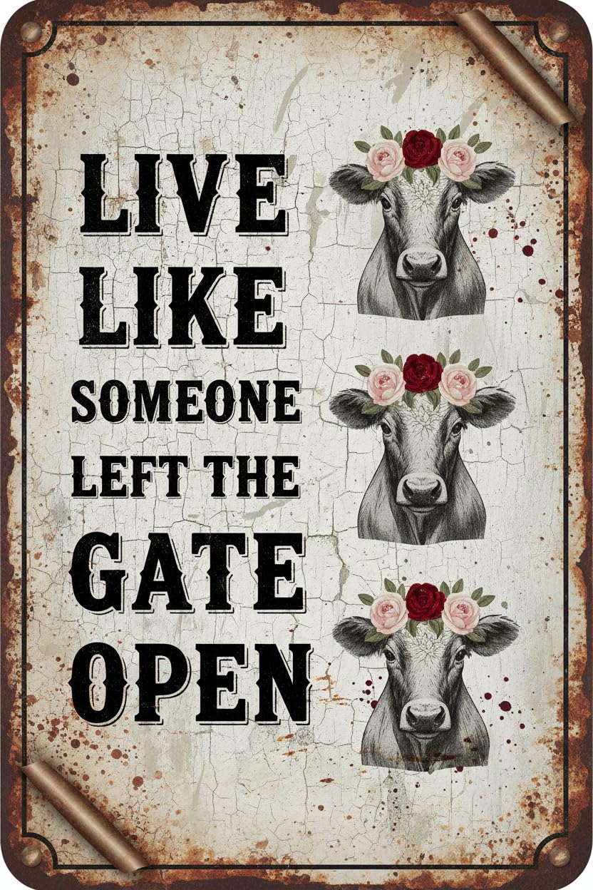 Live Like Left Gate Open Cow Tin Sign, 12x8 Inch Farm