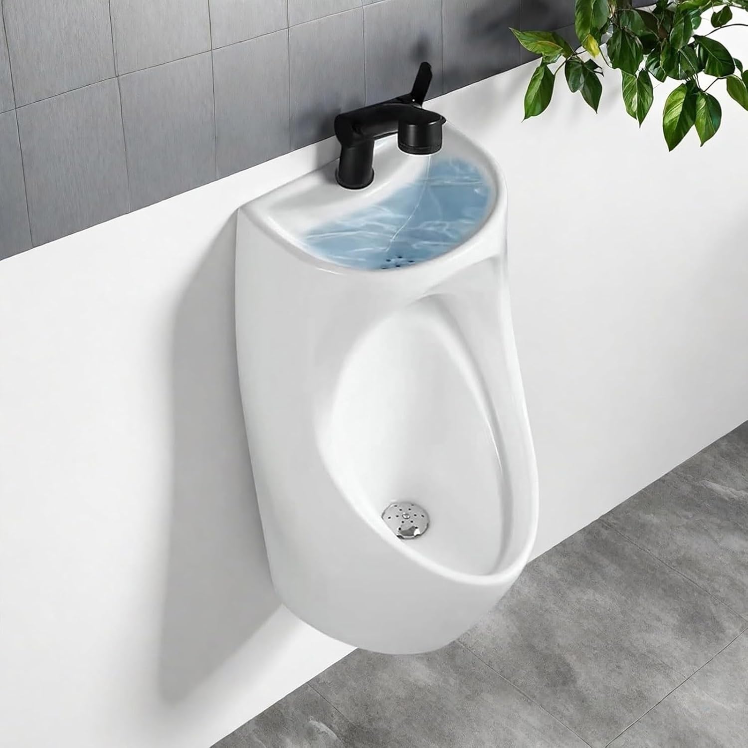 Men's Wall-Mounted Ceramic Urinal with Built-in Sink and Retractable Faucet - Space-Saving Design for Small Bathrooms and Restrooms
