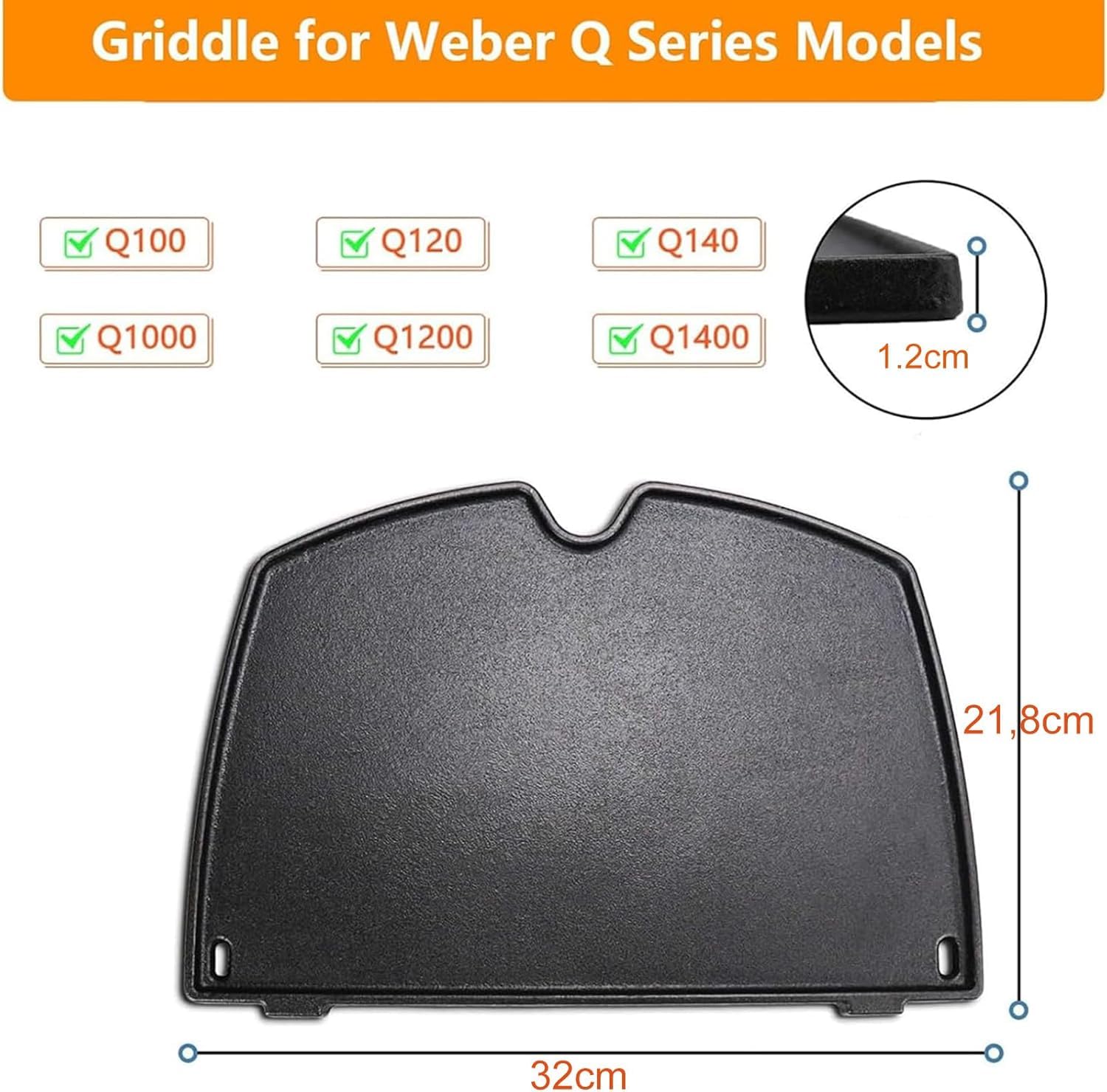 6558 Piastra in ghisa per Weber Q1000, Q1200, Q1400, Q100, Q120, Q140, piastra di cottura in ghisa - parti e accessori, 32 x 22 cm