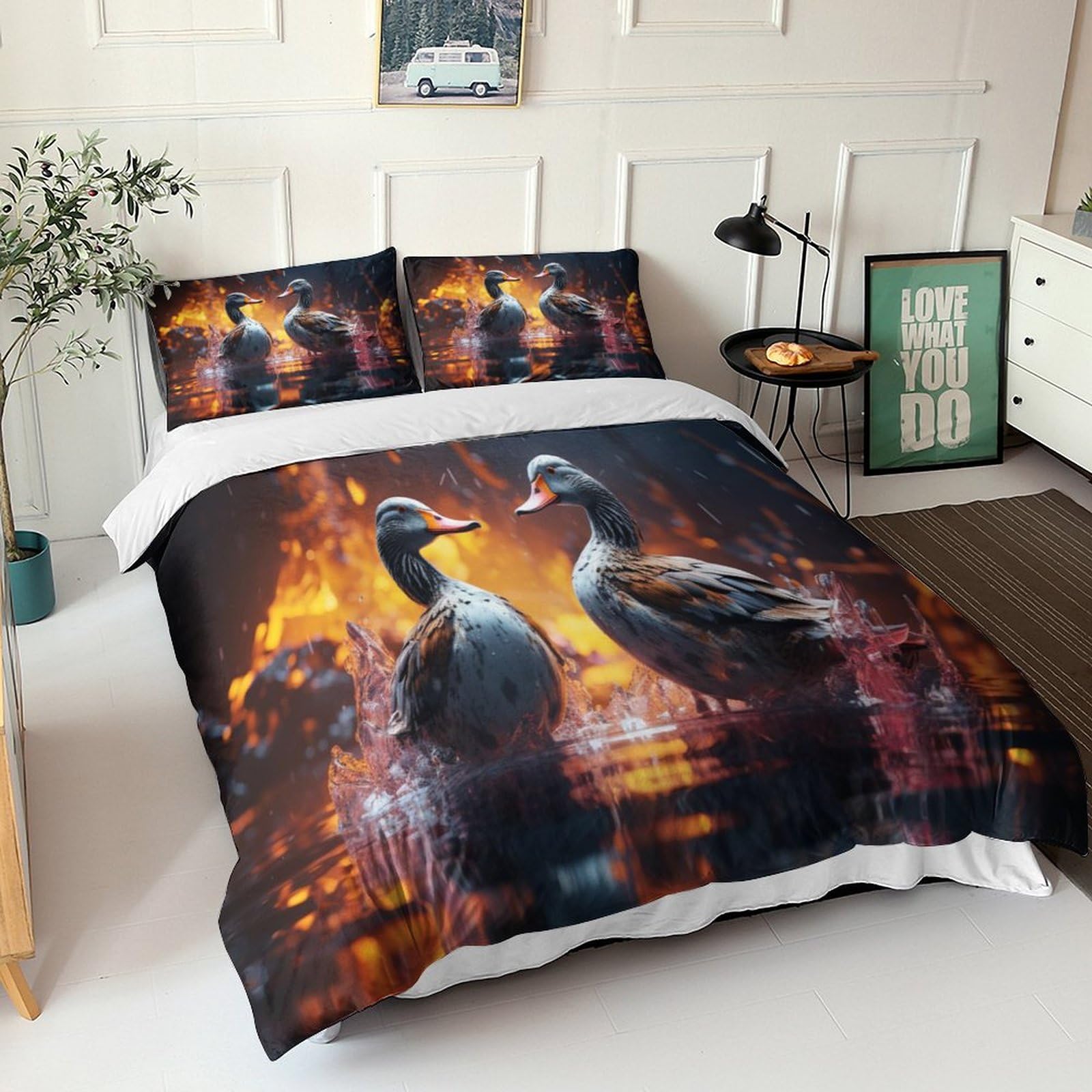 Mandarin Ducks Bettlaken Für Erwachsene Kinder Jugendliche, 3D Bedruckte Mikrofaser 3 Stück Bettbezug Set Mit Reißverschluss,Pflegeleichte Pärchen-Tiere Bettwäsche King（220x240cm） Bettdecken