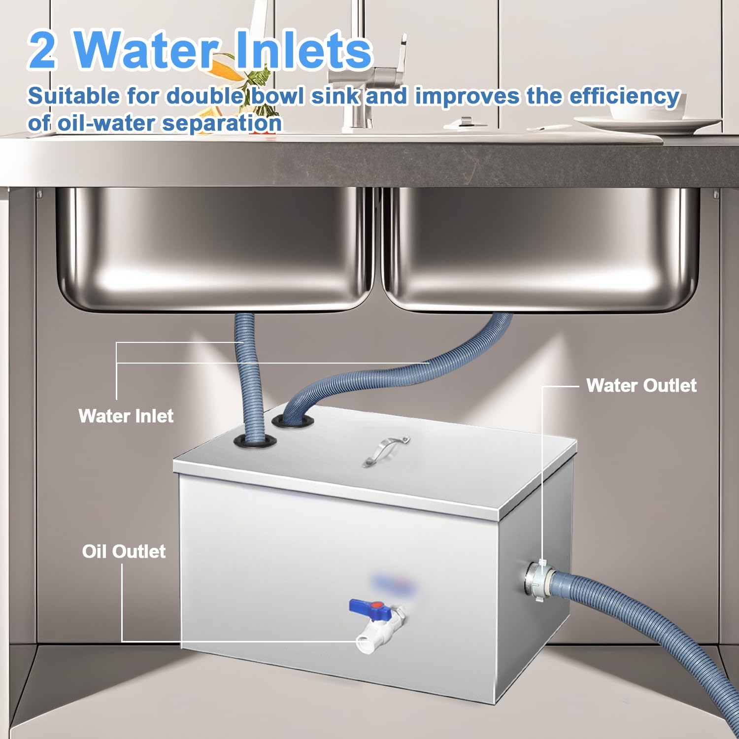 Trampa de grasa comercial, interceptor de grasa de acero inoxidable de 50 L, separador de agua de aceite con 2 entradas y filtro de 5 capas, para fregadero de cocina y restaurante
