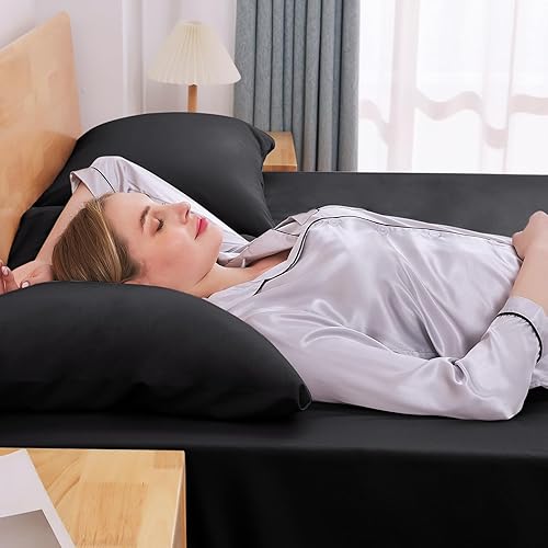 Miniatura 8 de JOLLYVOGUE Juego de sábanas de 6 piezas color negro tamaño Queen para dormitorio con bolsillo profundo, sin arrugas y refrescante, juego de sábanas