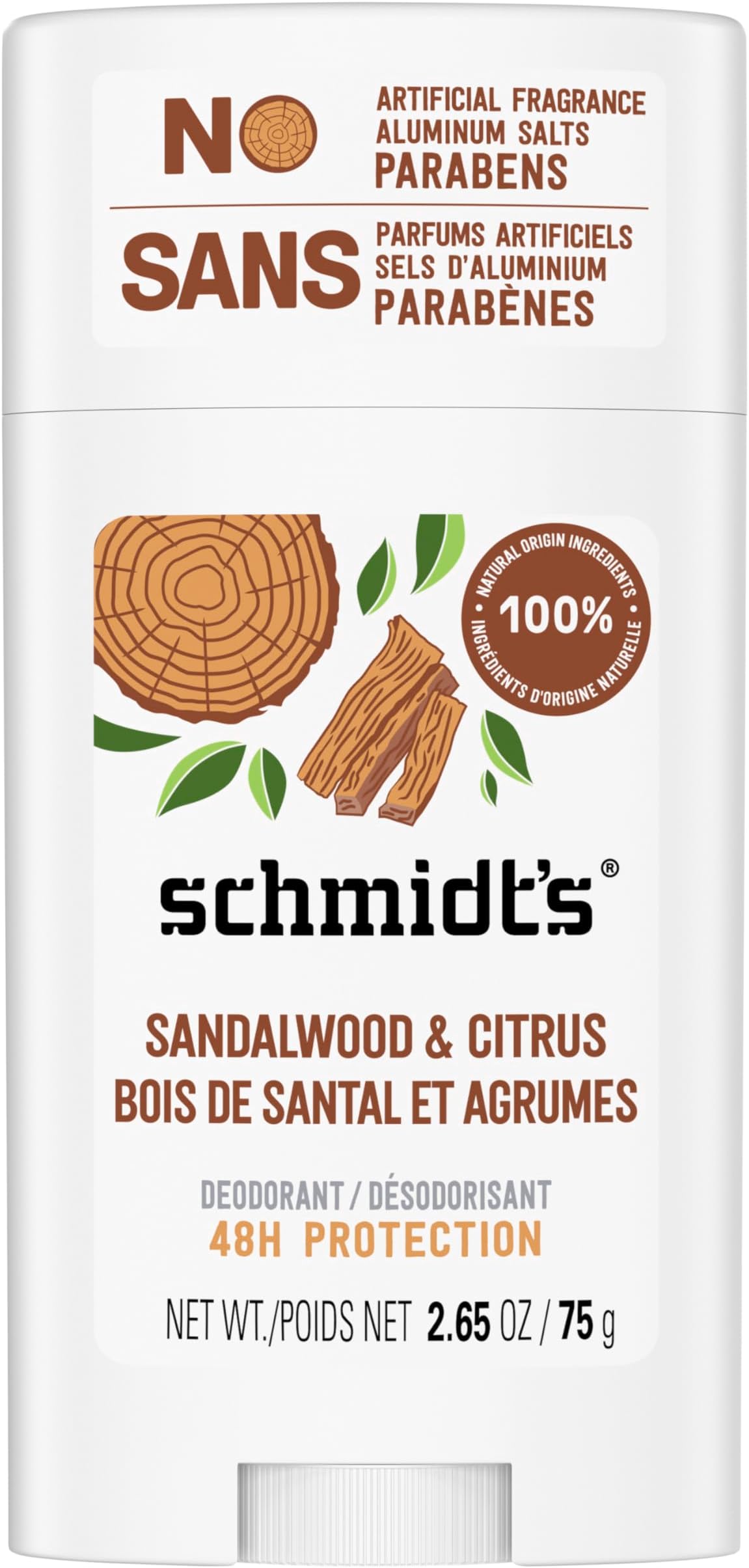 Schmidt's Aluminum Free Natural Deodorant for Women and Men, Sandalwood and Citrus with 24 Hour Odor Protection, Certified Natural, Vegan, Cruelty Free, 2.65 oz