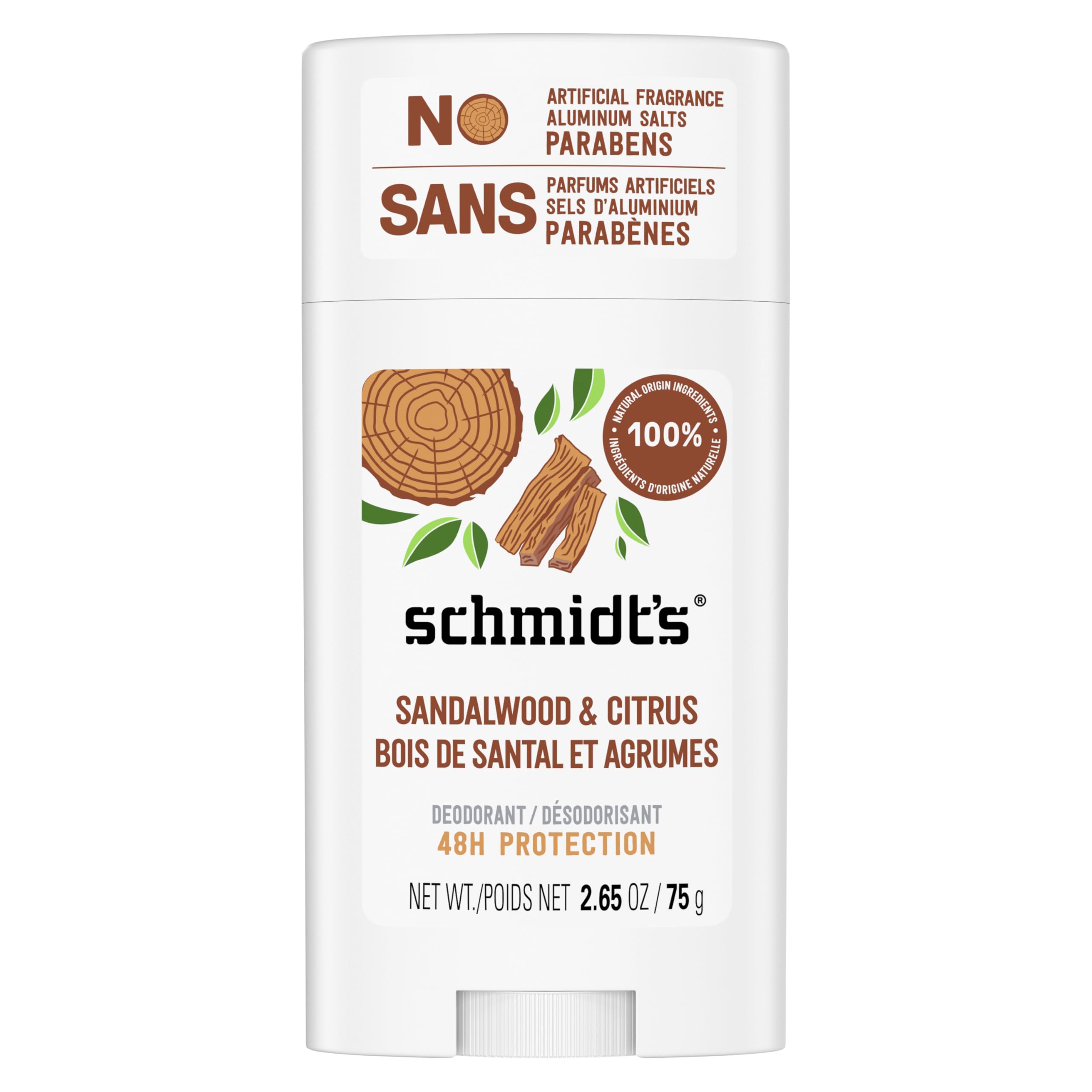 Schmidt'sAluminum Free Natural Deodorant for Women and Men, Sandalwood and Citrus with 24 Hour Odor Protection, Certified Natural, Vegan, Cruelty Free, 2.65 oz