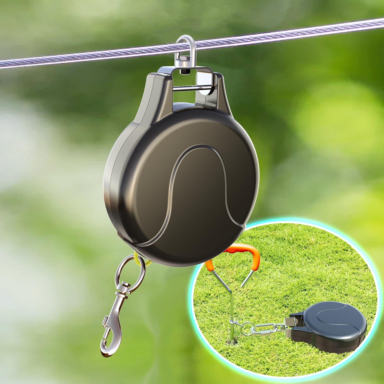 30ft Retractable Dog Leash, 2-in-1 Retractable Dog Lead for Zipline, Aerial Run Cable Trolley Or Stake Anchor, No Tangle Lead Reel for Camping Or Yard (1)