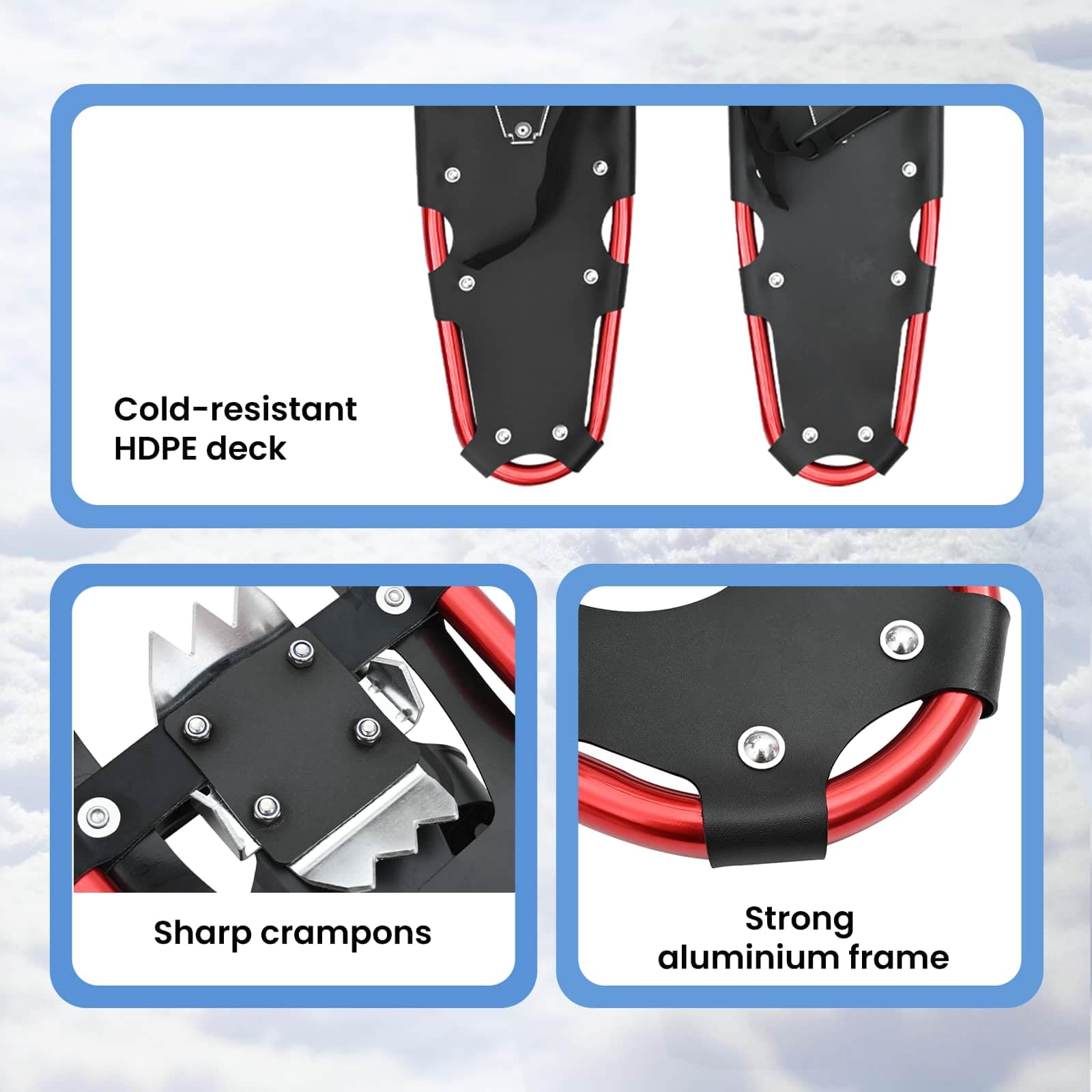 vidaXL Ciaspole 3 in 1 Rosso e Nero 78,5 x 22 cm Alluminio e HDPE, Ciaspole in alluminio per il giardino, attrezzatura outdoor regolabile, accessori moderni per camminare sulla neve