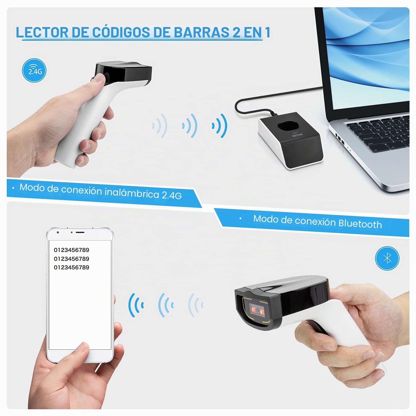 NETUM Escáner de código de Barras CCD inalámbrico 1D Bluetooth automático, con Soporte y Memoria incorporada, Funciona con Mac OS, Windows, iOS, Android, transfiere hasta 50 metros-DS5000
