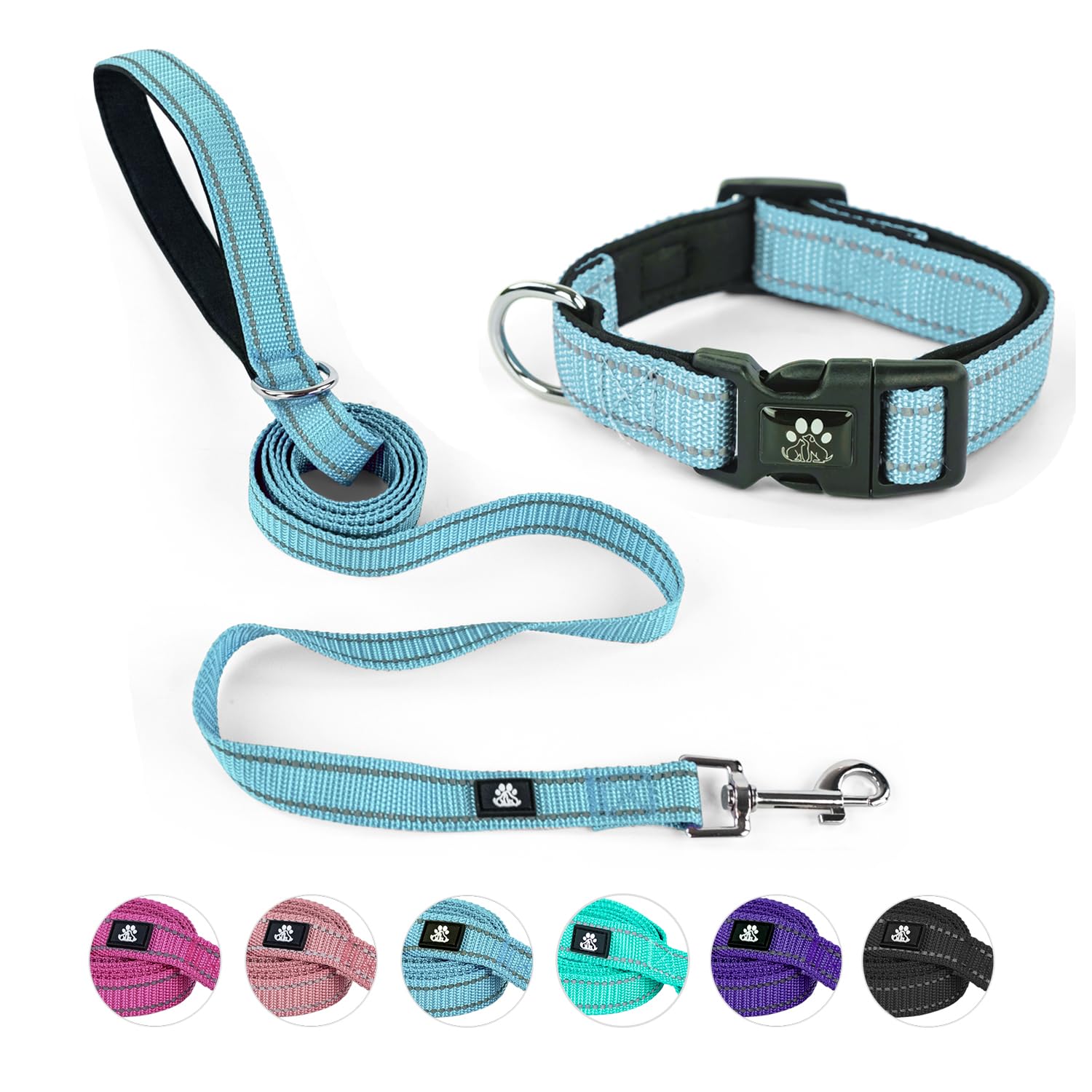 NESTROAD Reflective Dog Collar and Leash Set,Soft Neoprene Pet Collar with Quick Release Buckle,Adjustable Nylon Dog Collars for Small Medium Large Dogs(Small Collar + 5FT Leash,Blue)