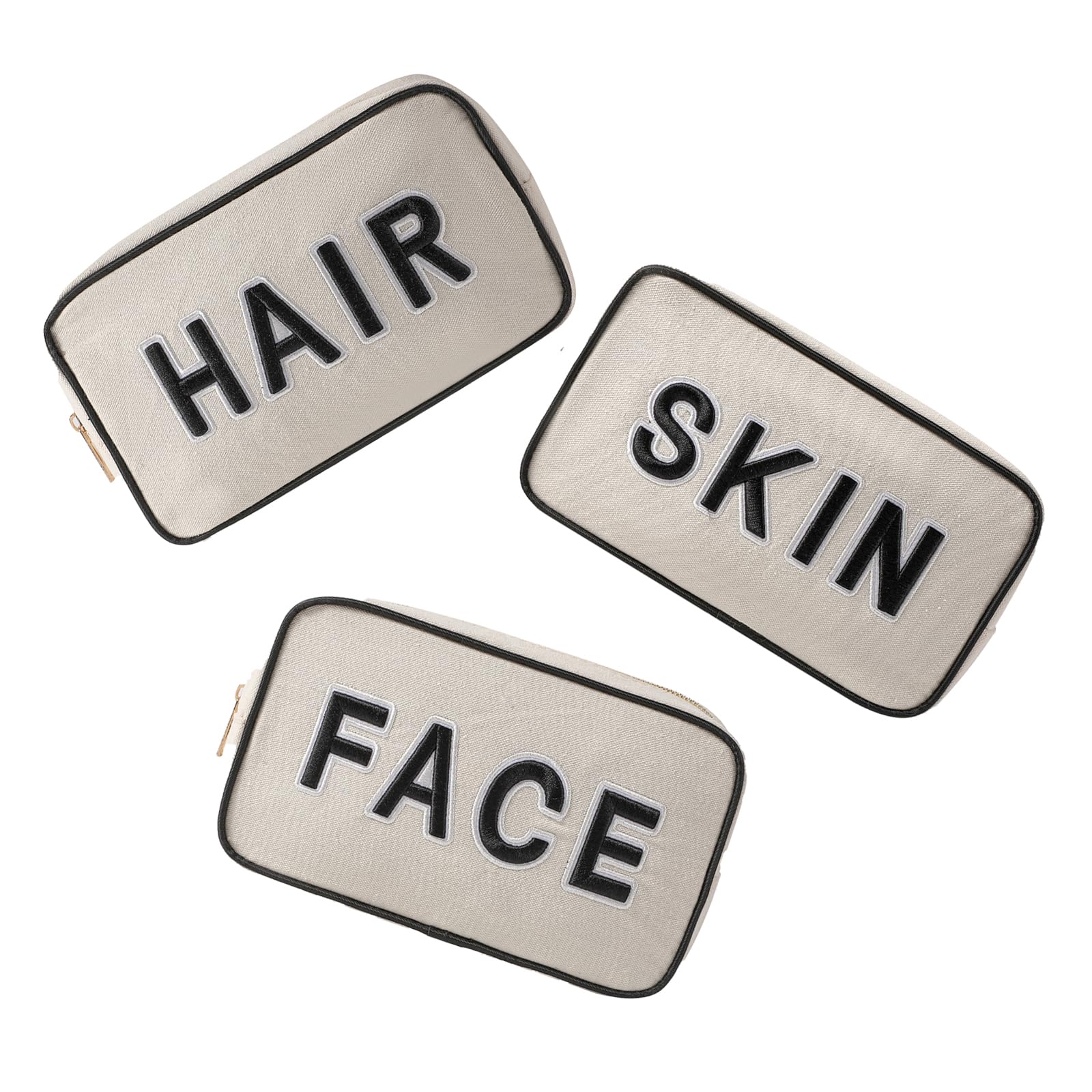 uekeboag 3Pcs Canvas Chenille Letter Makeup Bag Set, Small Travel Washable Organizer Bag for Purse with Zipper, Cute Personalized Gift Pouch For Women