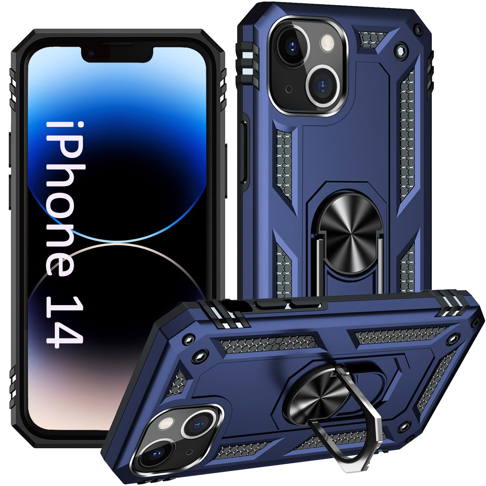ADDIT iPhone 14 Case With Stand Ring, Support Magnet Car Mount, Military Grade, Heavy Duty - Blue