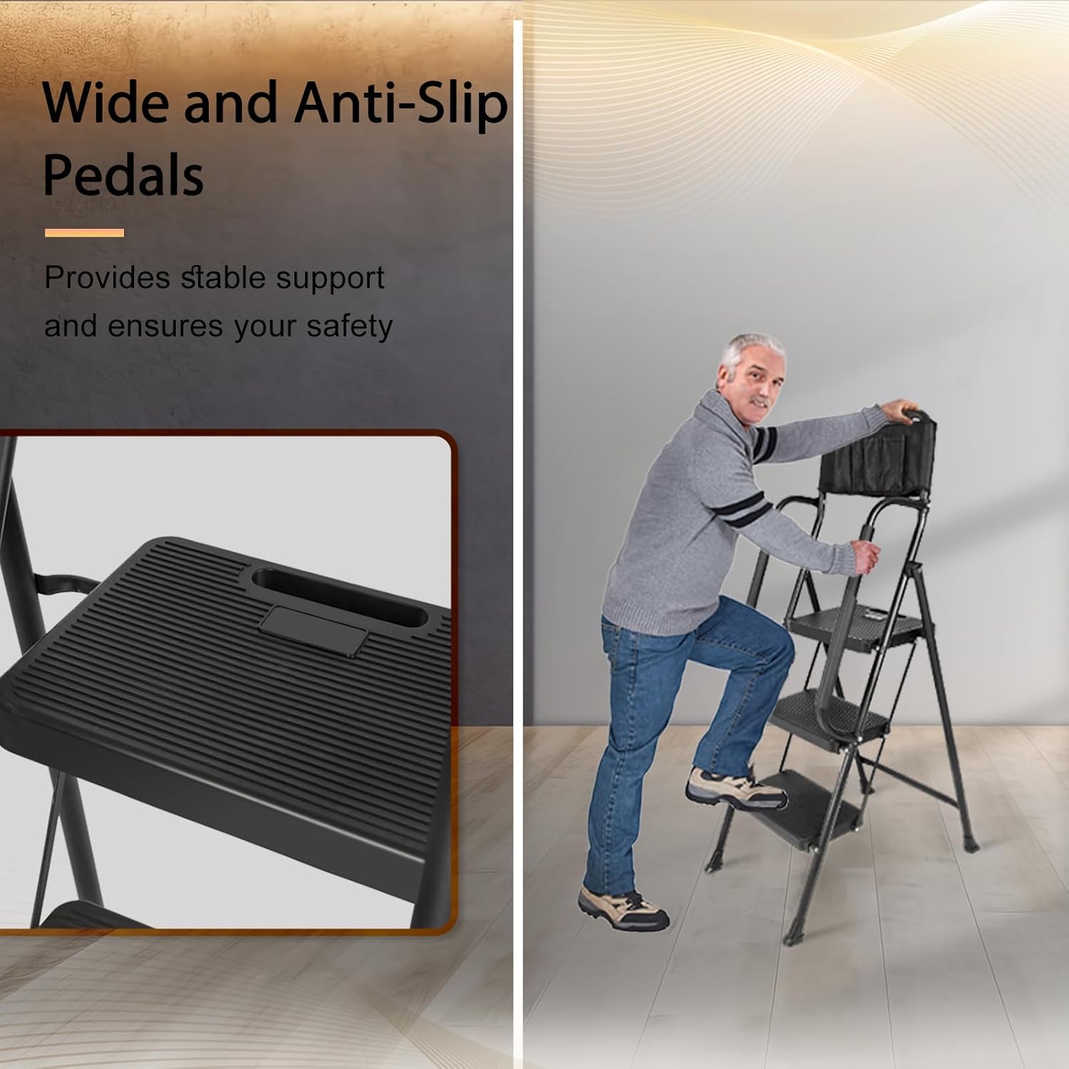 EASYBERG 3 Step Ladder with Safety Handrails, Heavy Duty Folding Step Stool with Wide Anti-Slip Pedals & Feet, 500 lbs Capacity for Home & Office