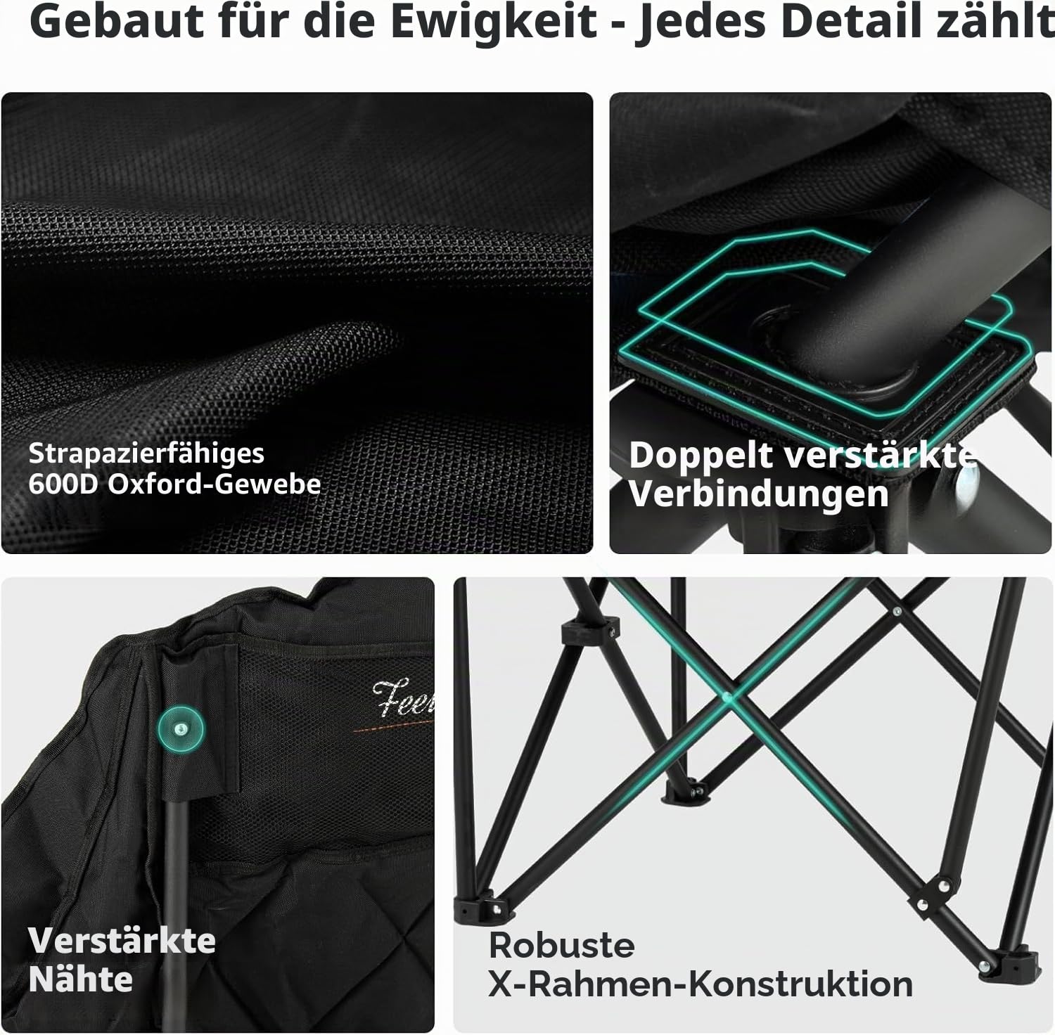 Overmont Übergroßer Klappbar Campingstuhl Campingsofa - bis 204KG Belastbar - Faltbar Campingsessel Gepolstert mit Getränkehalter Kühltasche hoher Rückenlehne für Outdoor Indoor Camping Garten Schwarz