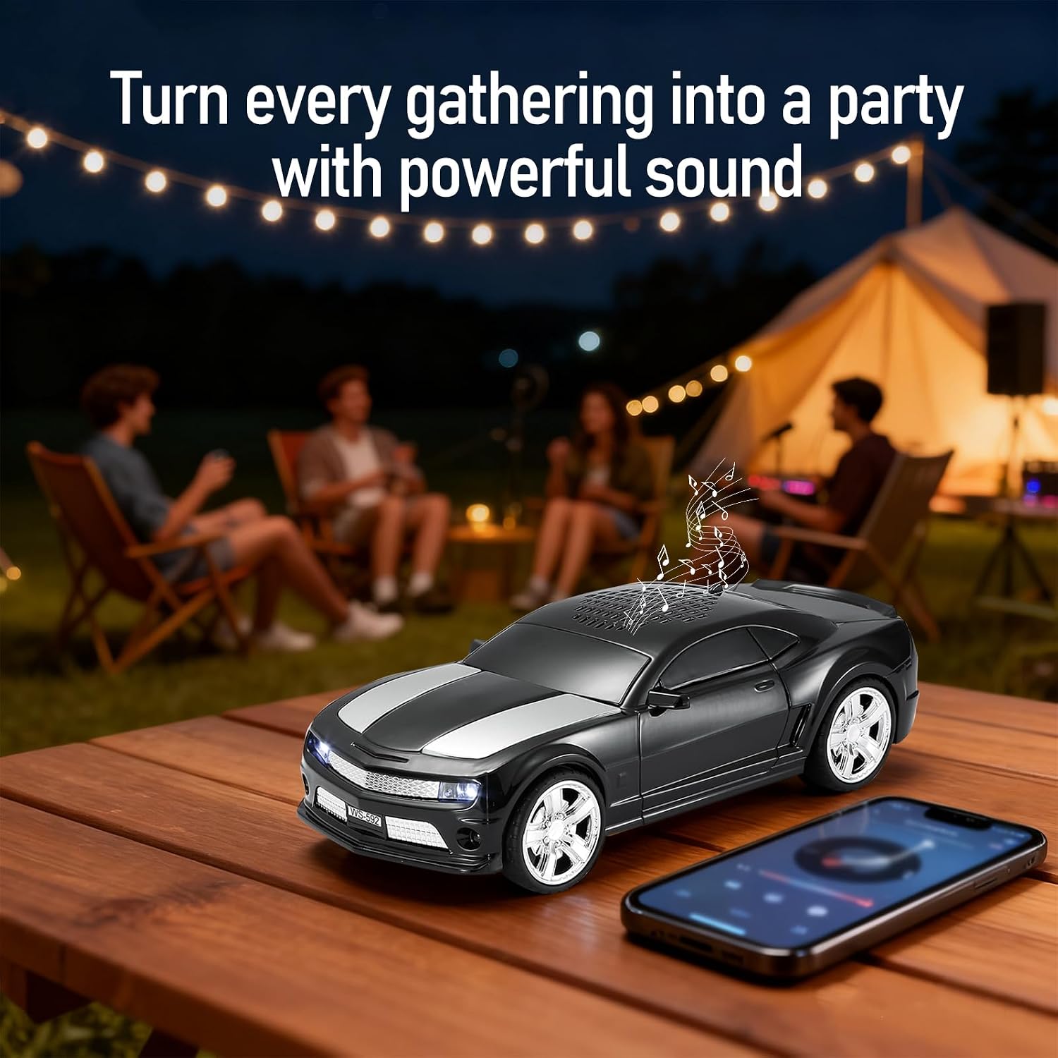 WSTER WS-592 Supercar Design Bluetooth Replica Speaker – Portable Car Model Wireless Speaker with TWS Stereo, FM Radio, LED Party Lights, USB/TF Playback, Hands-Free Calling, Microphone(Black)