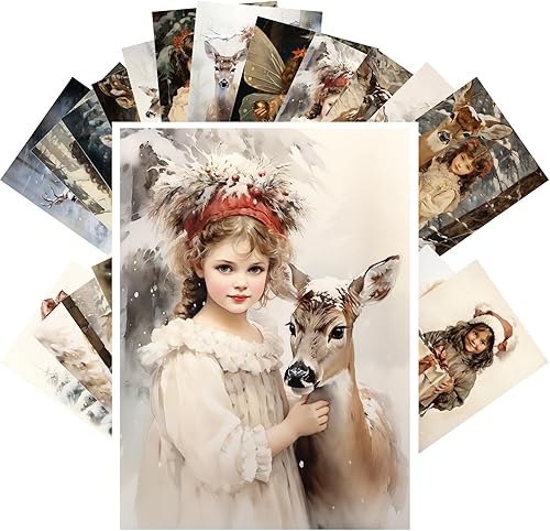 PIXILUV Postales vintage (24 piezas de 4 x 6 pulgadas cada una) Lindas familias con animales en invierno, postales vintage, tarjetas de felicitación