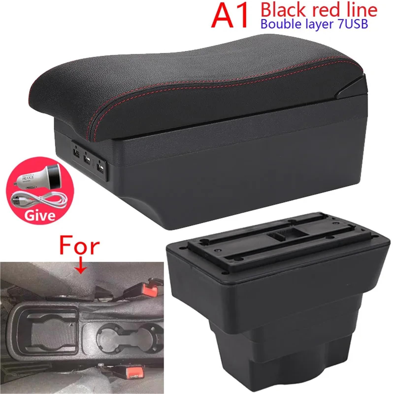 Konsola Środkowa Pasuje do Opla, pasuje do Astry, pasuje do podłokietnika samochodowego Opel Astra J, podłokietnik samochodowy, zakrzywiony schowek(A1 Black red 7USB)