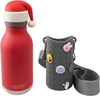 asobu Bestie Santa Water Bottle & Silicone Bottle Sling Bundle, Cute Collectible Character, 16 oz Insulated Stainless Steel, Adjustable Carry Strap with 5 Charms