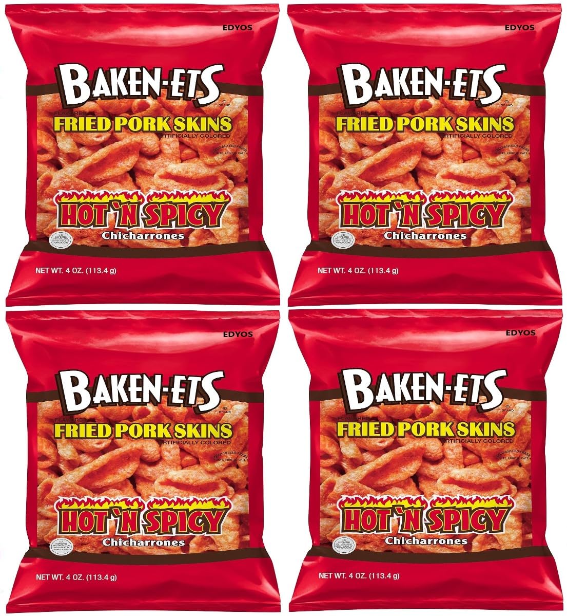 Fried Pork Skins, Hot & Spicy, 4 oz. (Pack of 4)