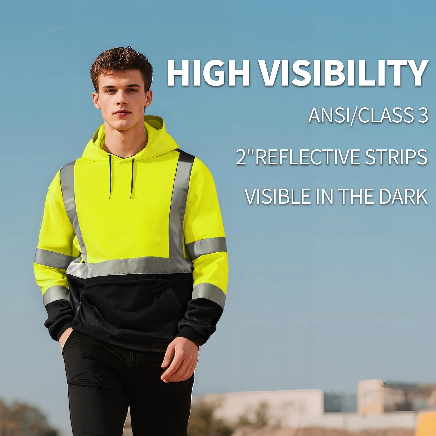 High Visibility Hoodie for Men Class 3 Hi Vis Safety Hoodies Reflective Construction Sweatshirt with Pockets