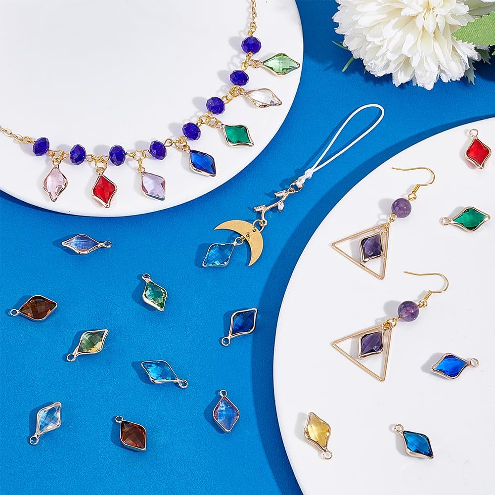 PH PandaHall 24Pcs 12 Colors Glass Rhombus Charms Clear Crystal Pendants with Golden Brass Edge 19.5mm Faceted Charms Dangle Pendants for Necklace Earring Bracelet Jewelry Craft Making - Image 2