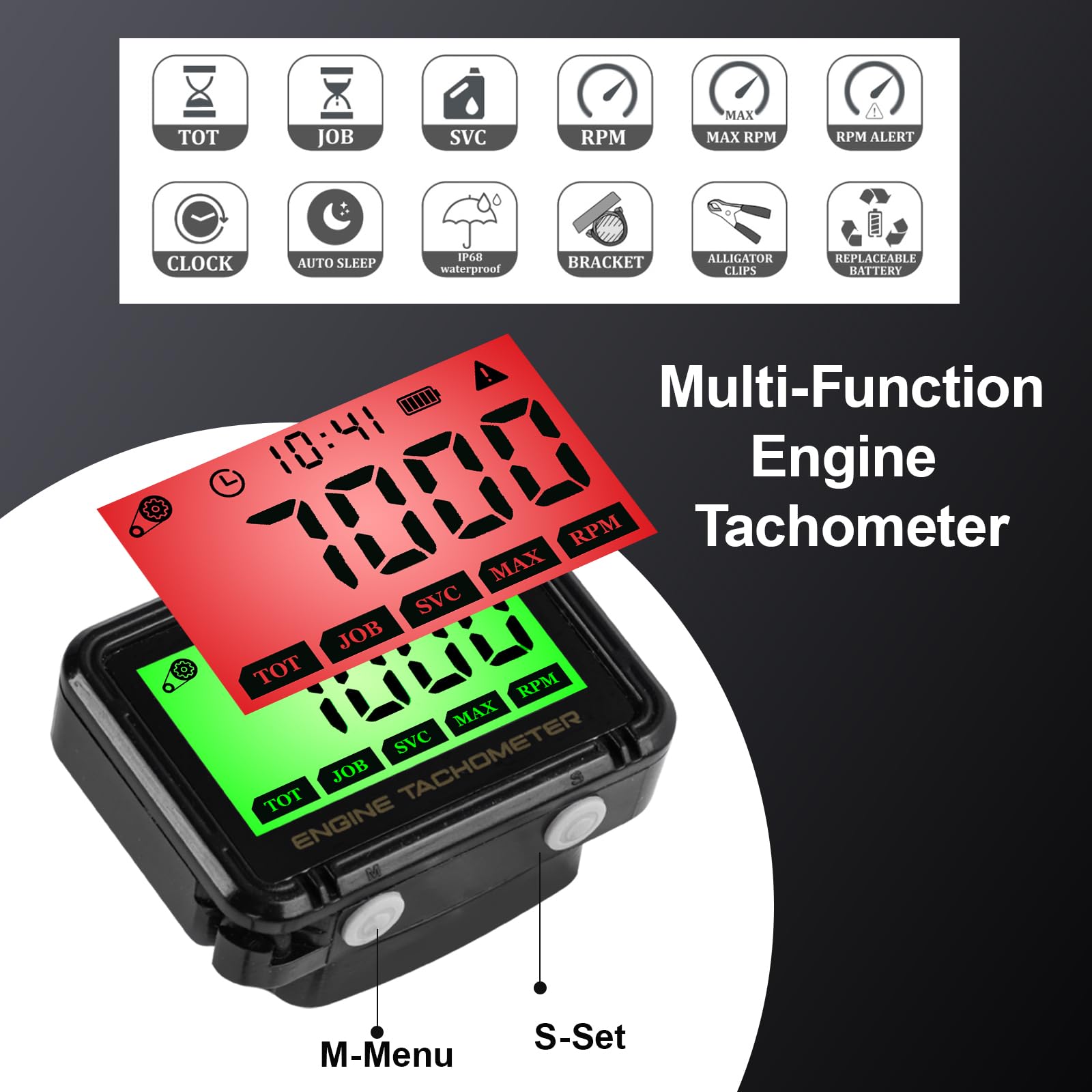 Tachymètre Numérique compte tour, Compteur de Tours LCD Haute Précision | avec Induction Sans Fil (0-18 000 tr/min) pour Moto, Tondeuse, Motoneige – Surveillance de Batterie, Fonction Maintenance