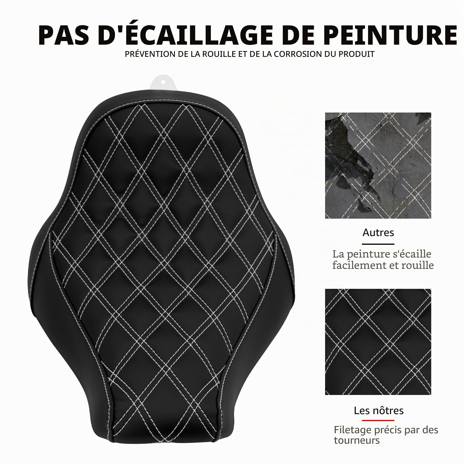 Coussin de siège de Moto Solo en Cuir Diamant Compatible avec Harley Breakout Fatboy 2018-2023 (Filetage Blanc)