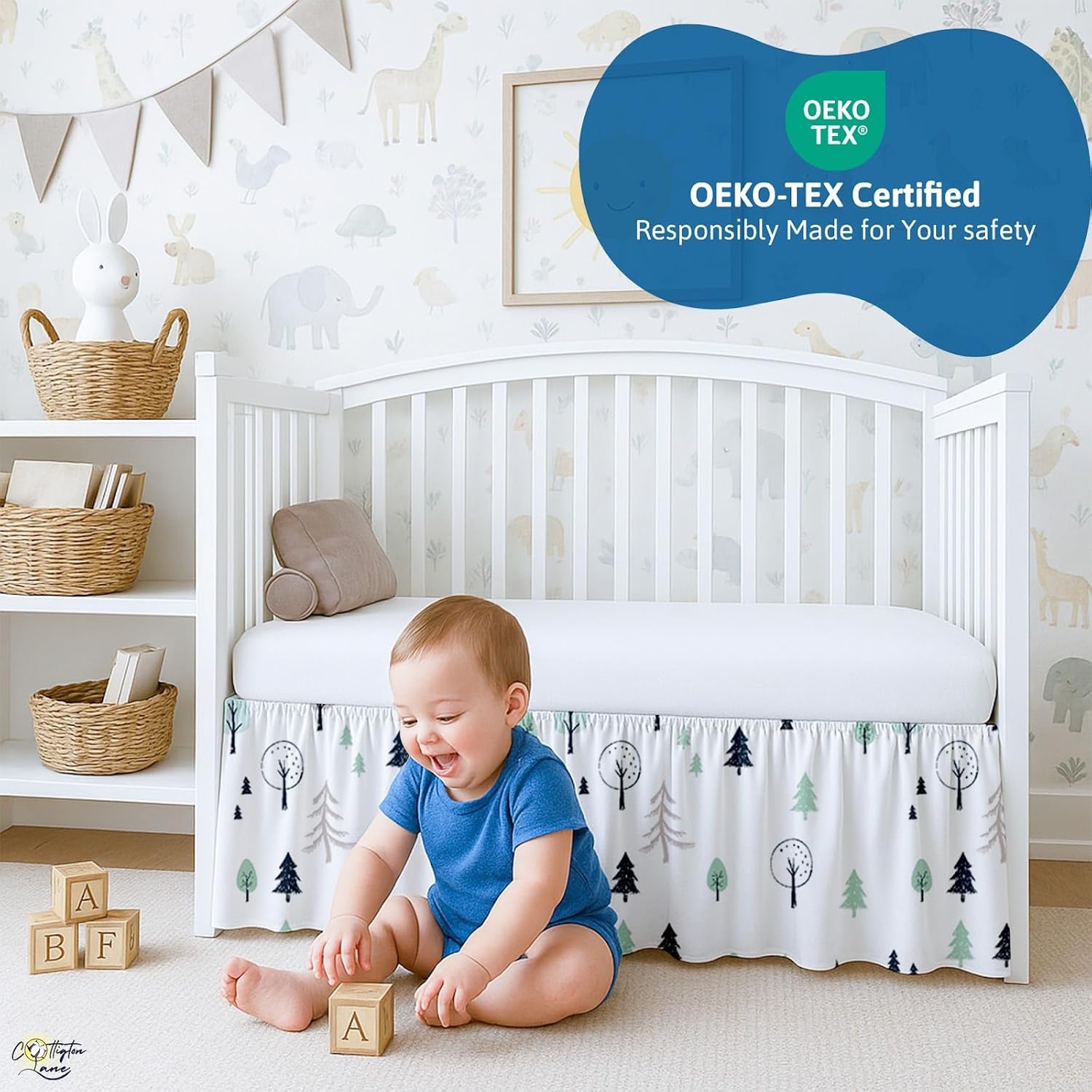 Cottington Lane Crib Skirt Dust Ruffle, Soft & Durable Nursery Crib Toddler Bedding Skirt for Baby Girls or Boys, Fits Standard Cribs 28" x 52" with 14" Drop, Classic Ruffled Design, Winter Forest