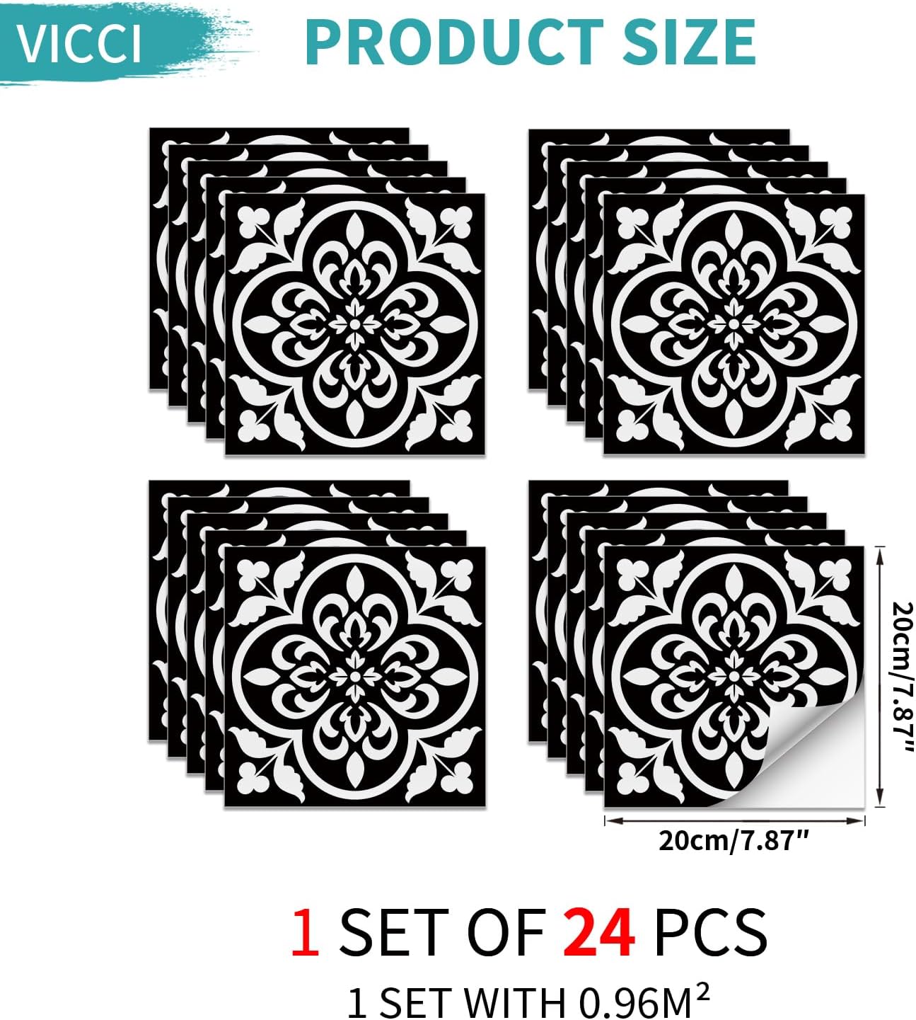 VICCI 24pcs Floor Tile Decals Peel and Stick Backsplash Wall Tiles Stickers 7.87"*7.87" Self-Adhesive Subway Sticker-Perfect for Kitchen Bathroom Vanities Fireplace Decor,Black & White
