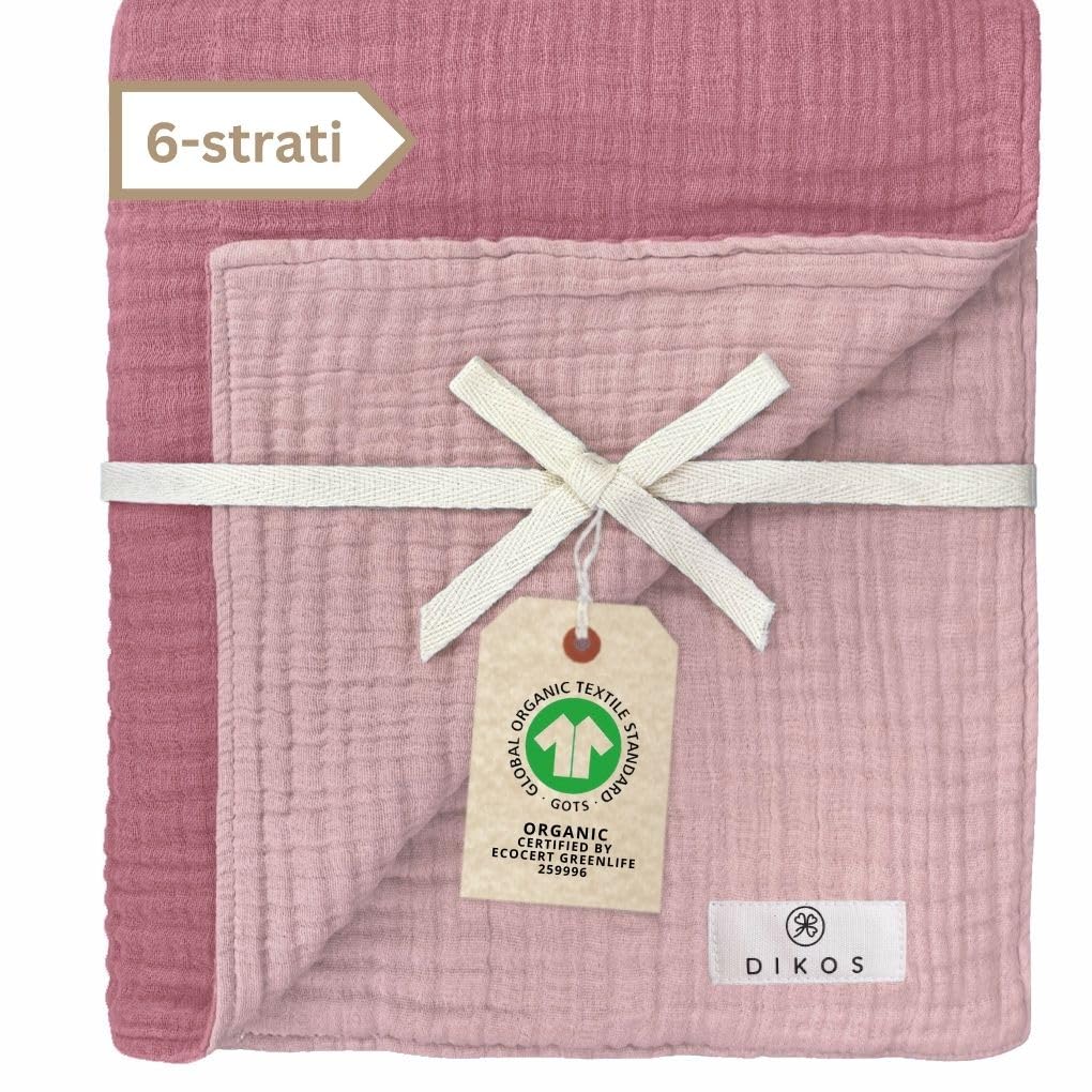 DIKOS Coperta Mussola 6 Strati Per Neonati - 100% Cotone Biologico GOTS | 70x100 Cm, Rosa Antico - Foto 9