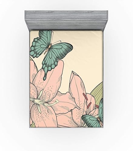 Miniatura 163 de Ambesonne - Sábana bajera ajustable multicolor, en colores y tres tamaños Azul y gris,Verde Militar Sage Green,Ámbar beige,Negro Grey White,Azul