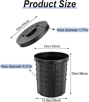 Perforated Sump Pump Basin with Lid, Black Sump Pump Bucket with 40 Pre-Drilled Holes, for Drainage, Basements, Crawl Spaces, Patios, Decks and Driveways