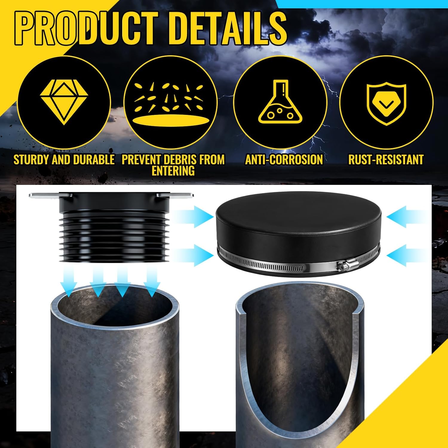 3 Pack 8 Inch Flexible PVC Pipe Cap with Stainless Steel Clamps - Black Durable End Caps for Drainage, Wastewater & Vent Pipes, Above/below Ground Use