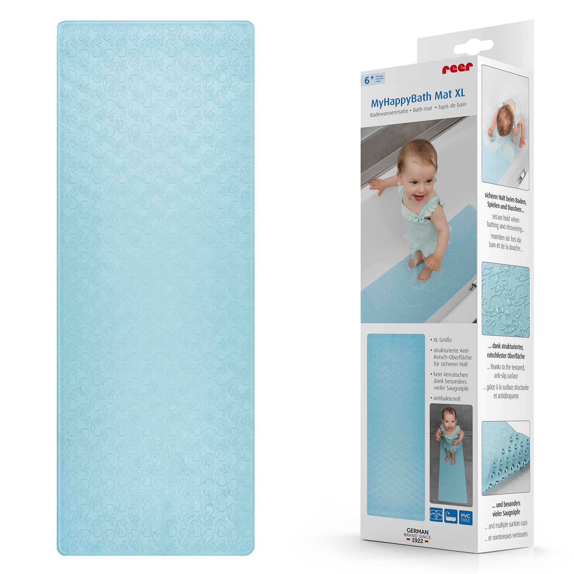 reer MyHappyBath Mat XL - Tappetino da bagno per bambini, superficie antiscivolo con motivo di bosco, 97 x 36 cm