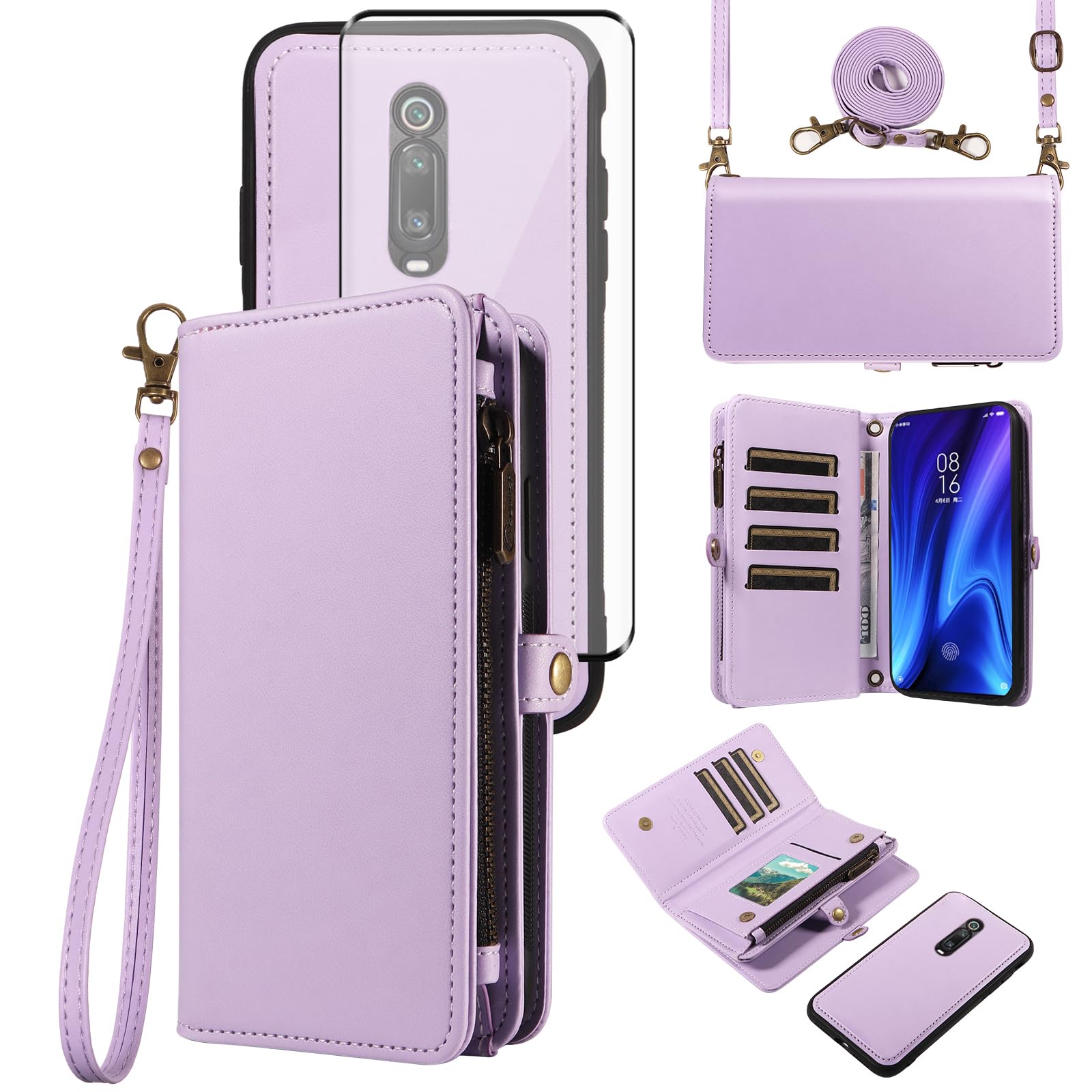 Asuwish - Carcasa para Xiaomi Mi 9T/Mi9T Pro/Redmi K20 y RedmiK20 Pro con cristal templado y cordón para tarjeta magnética de piel con tapa para soporte M1903F10G Mi9TPro T9 teléfono caso morado