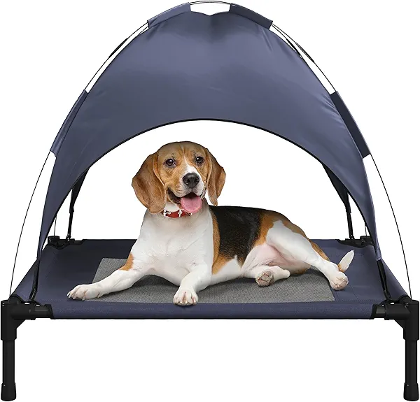 Elevated Dog Bed with Canopy - 30x24-Inch Portable Pet Bed with Non-Slip Feet - Indoor/Outdoor Dog Cot with Carrying Case by PETMAKER (Blue)