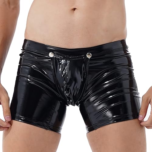 Calzoncillos tipo bóxer de piel sintética para hombre, cintura baja, cierre de botón, ropa interior para discoteca