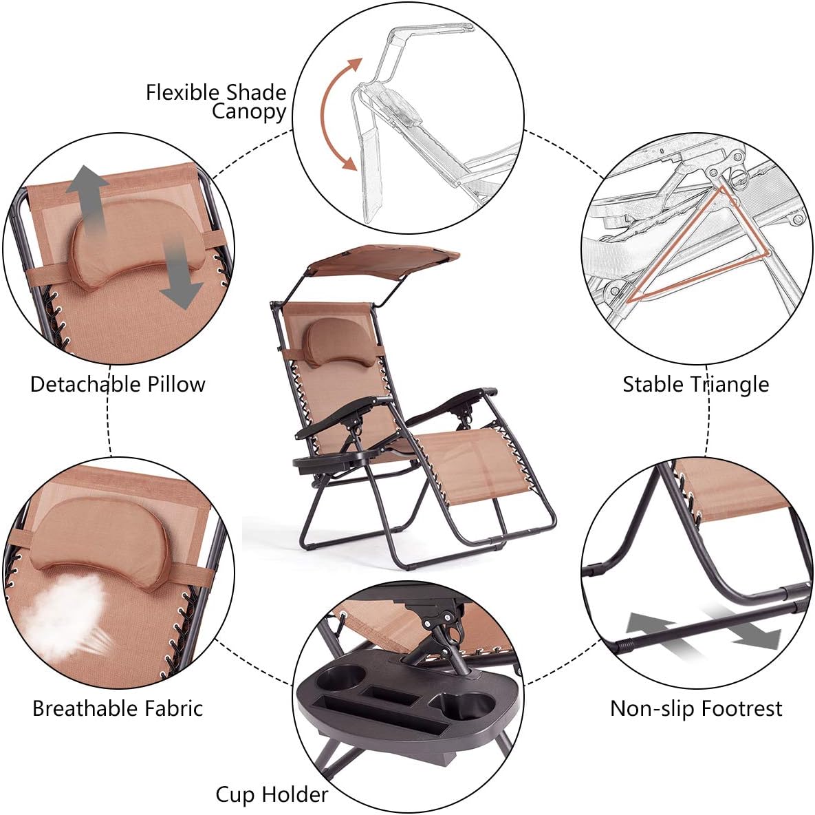 DORTALA Zero Gravity Chairs, X-Large Folding Lounge Lawn Chair with Adjustable Backrest, Headrest, Cup Holder, Canopy for Patio Pool Porch Deck, Brown