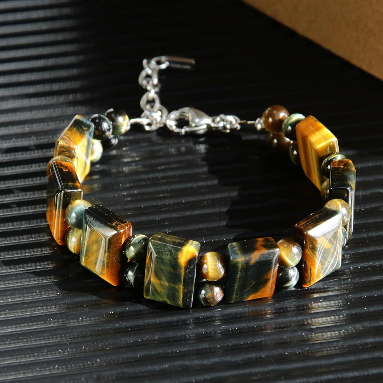 HASKARE Protection Crystals Mens Tiger Eye Bracelet, Natural Stone Men Beads Bracelet with Durable Steel Wire Clasp Gift for Father