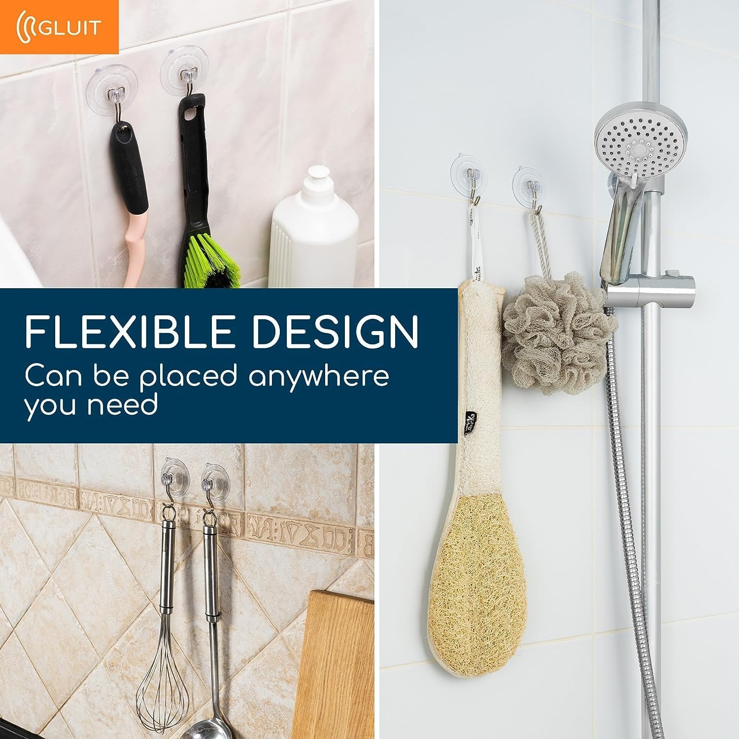 GLUIT Suction Cup Hooks - Utility Hook Wall Hangers for All Purposes Stainless Steel Removable Small Suction Cups for Kitchen Bathroom Shower Wall Window Glass Door 3 lbs (24 Suction Hooks)