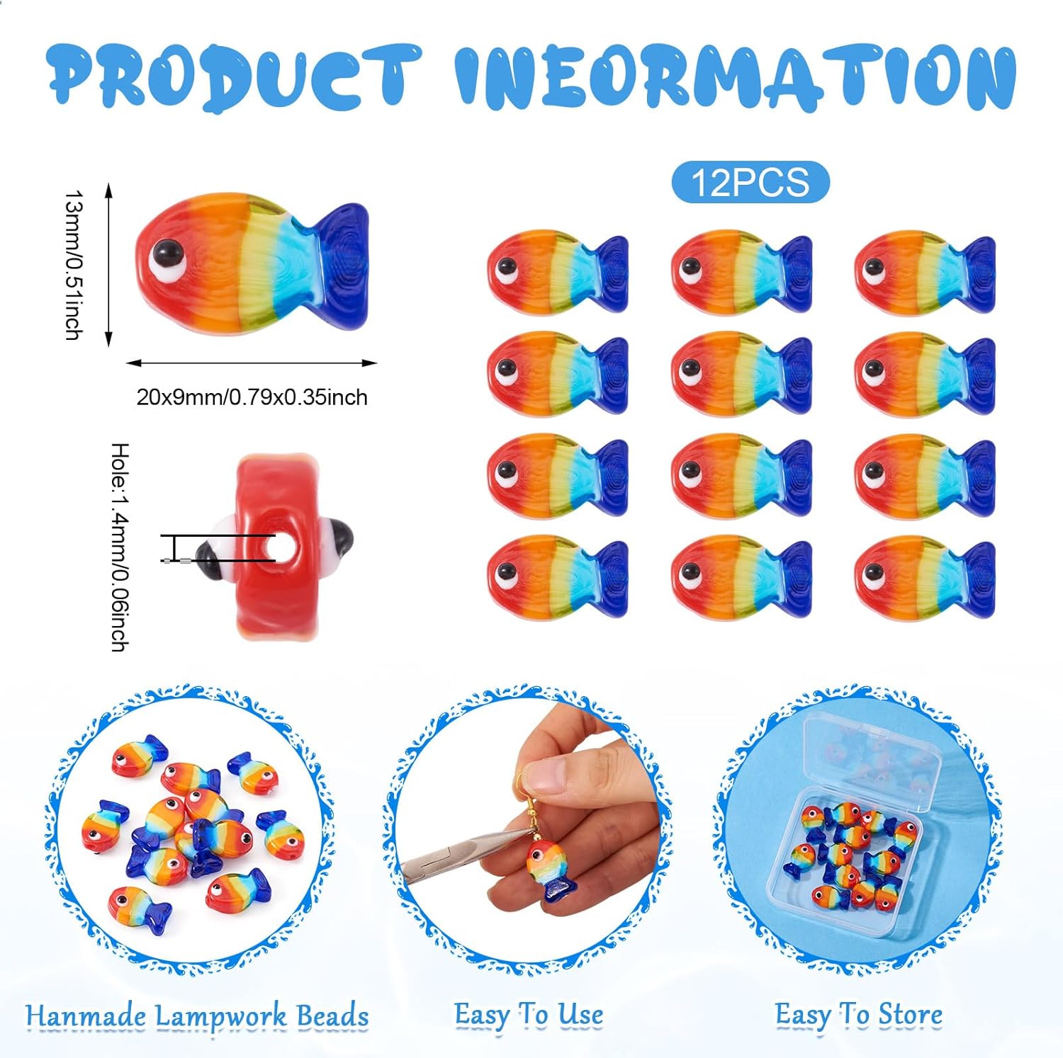 Cheriswelry 12Pcs Fish Beads Handmade Lampwork Glass Beads Colorful Print Fish Loose Spacer Bead 20x13mm for DIY Summer Bracelet Necklace Earring Jewelry Making Ocean Beach Decor - Image 3