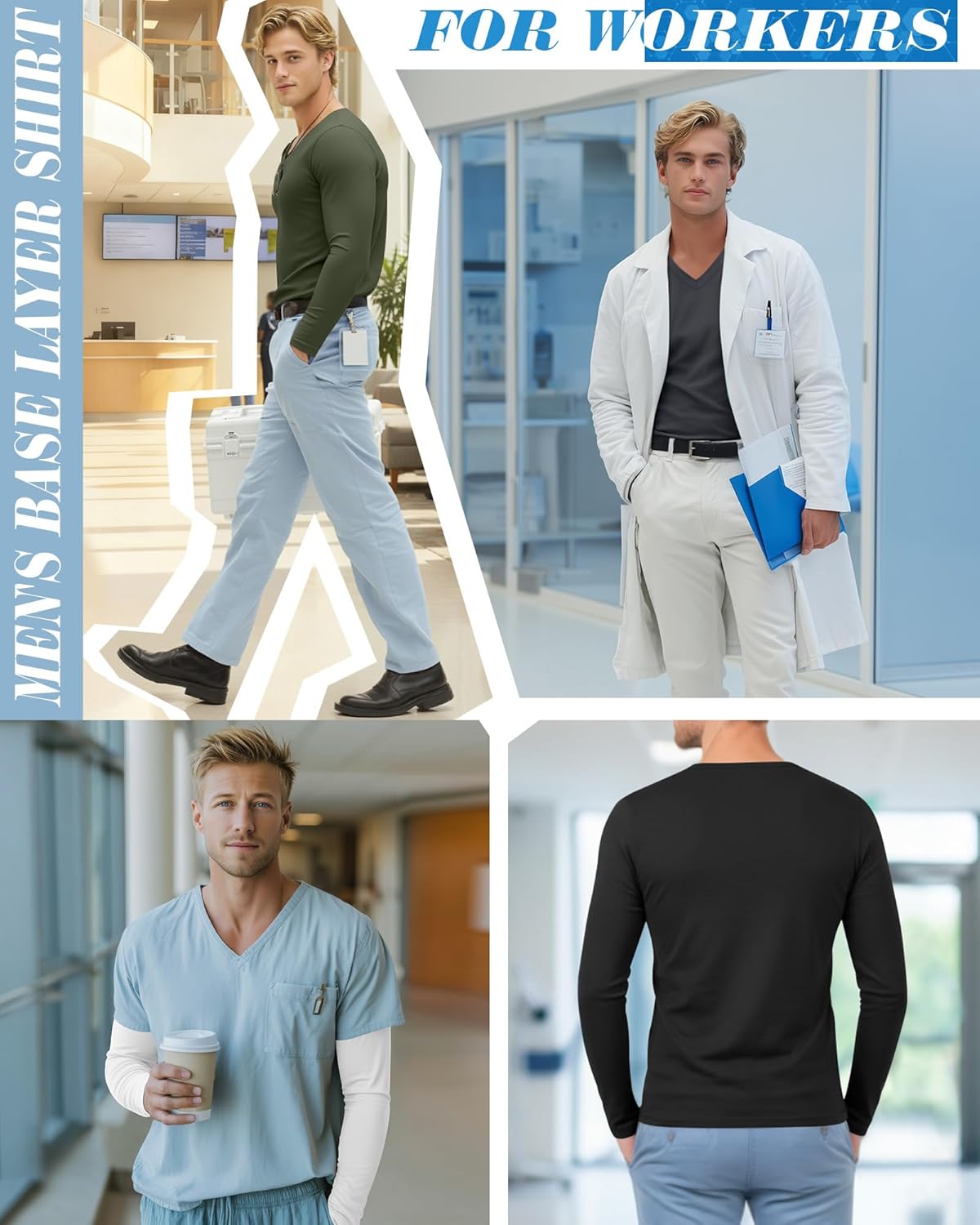 4 Pack Men's Under Scrubs Long Sleeve V Neck Shirts Basic Casual Fitted Underwear Stretchy Layering Tees Tops - Image 2