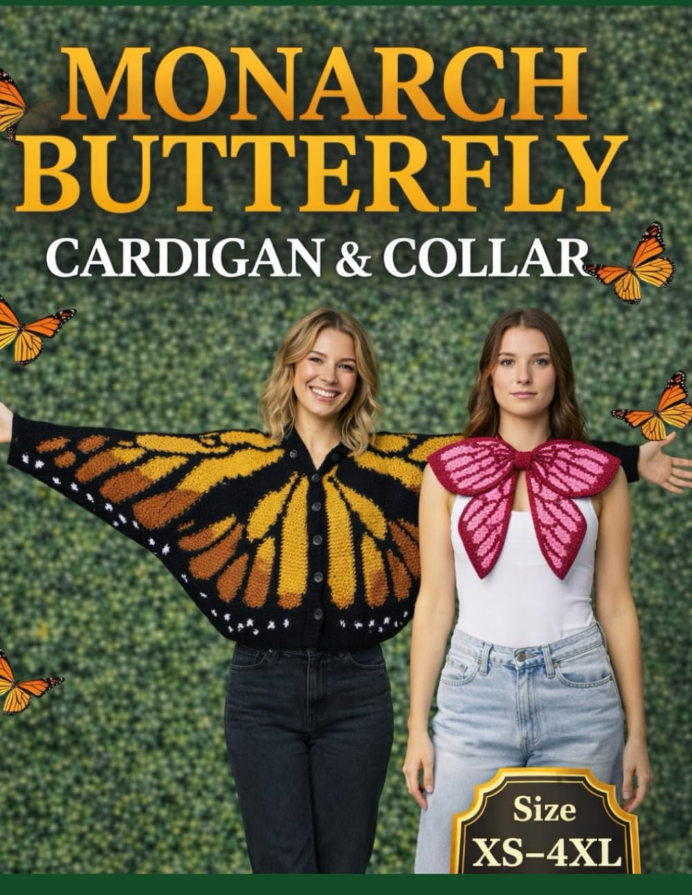 Monarch Butterfly Cardigan & Collar: Oversized Tapestry Crochet Sweater & Butterfly Wing Cardigan Patterns | US Terms