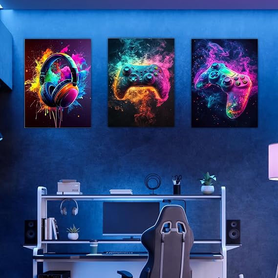 Cunegra Gaming Posters Set of 3, Gaming Canvas Poster, Colorful Game Wall Art for Teen Boys Playroom Decor, Game Room Accessories Bedroom Home Decoration, 40×30 cm (Unframed)